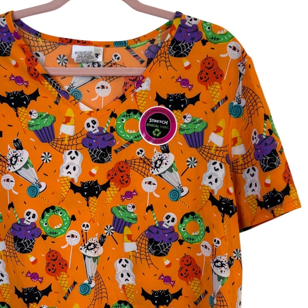 New Scrubstar‎ Halloween Print Scrub Top Lg Orange Bats Candy Skeletons Stretch